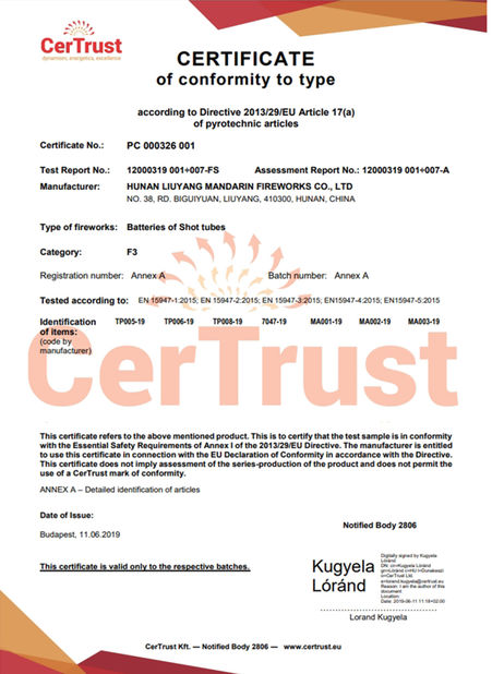 จีน Liuyang Mandarin Fireworks Co., Ltd. รับรอง