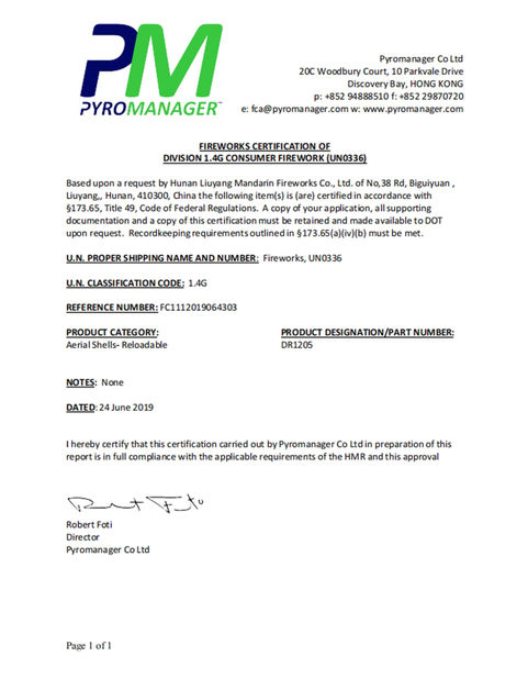 จีน Liuyang Mandarin Fireworks Co., Ltd. รับรอง